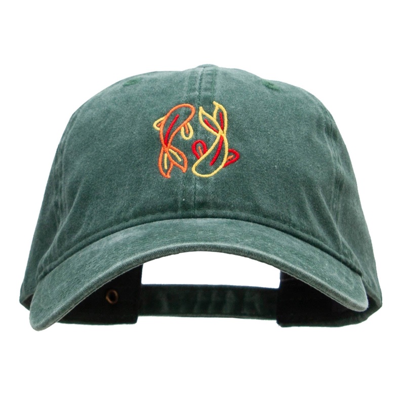 Dual Koi Embroidered Washed Cotton Brass Buckle Cap Dk Green One Size