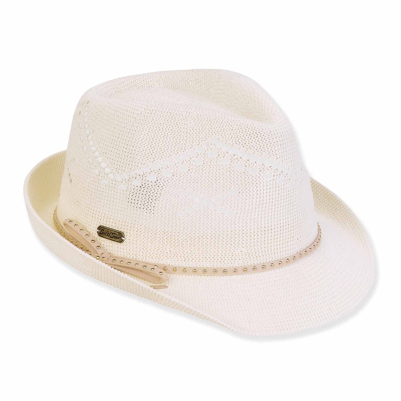 Knit Fedora with Gold Studded Leatherette Band – Sun ‘n’ Sand Hats Natural OS (57 cm)