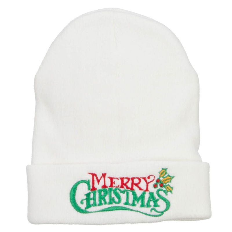 Merry Christmas Mistletoe Embroidered Long Beanie White One Size