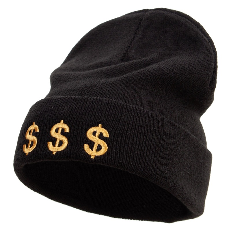 Money Gambling Embroidered 12 Inch Long Knitted Beanie Black One Size