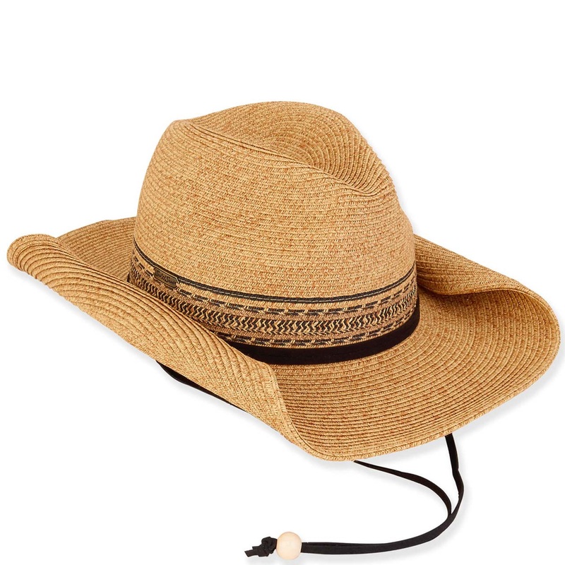 Women’s Straw Cowboy Hat with Chin Cord – Sun ‘N’ Sand Hats Tan M/L (58 cm)