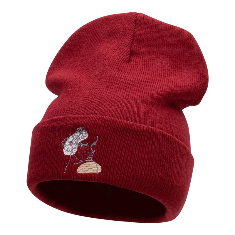 Abstract Woman Embroidered Long Knitted Beanie Maroon One Size