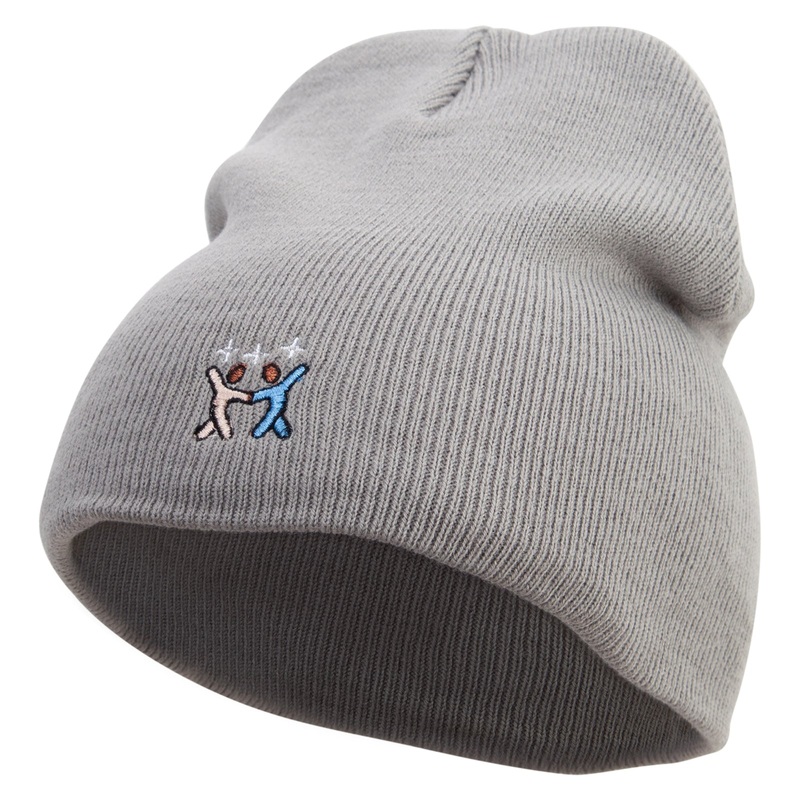Dancing People Embroidered 8 inch Acrylic Short beanie Grey One Size
