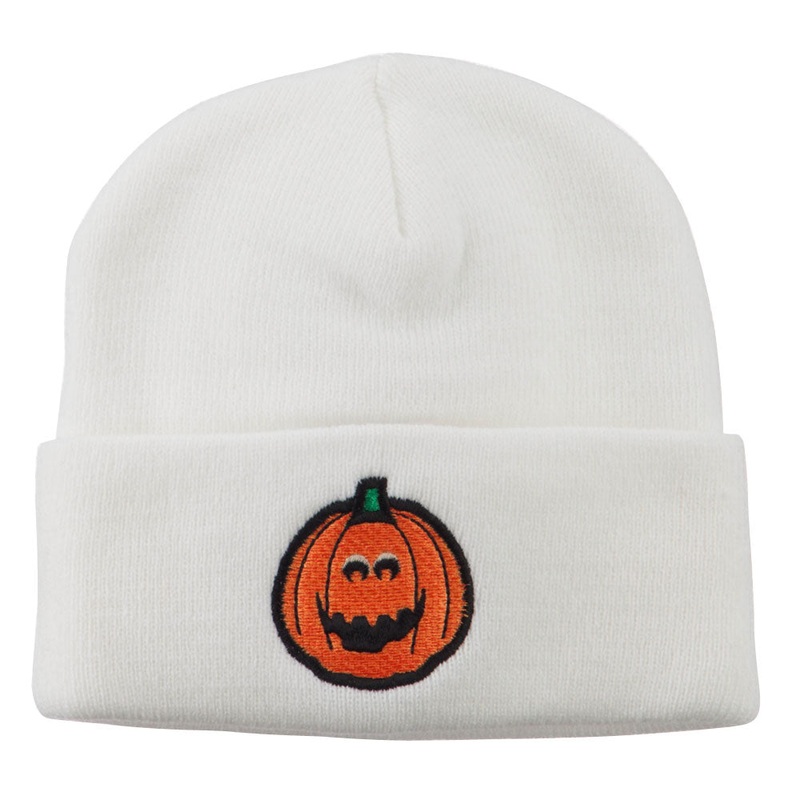 Halloween Surprised Jack o Lantern Embroidered Long Beanie White One Size