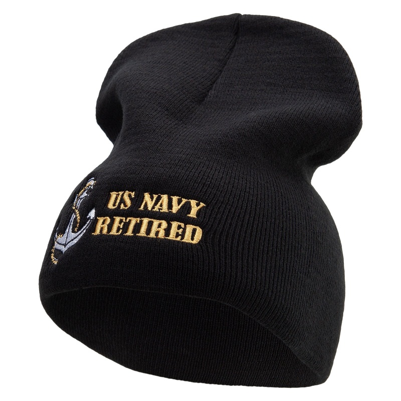 Made in USA Anchor Navy Retired Embroidered 8 Inch Short Beanie Black One Size