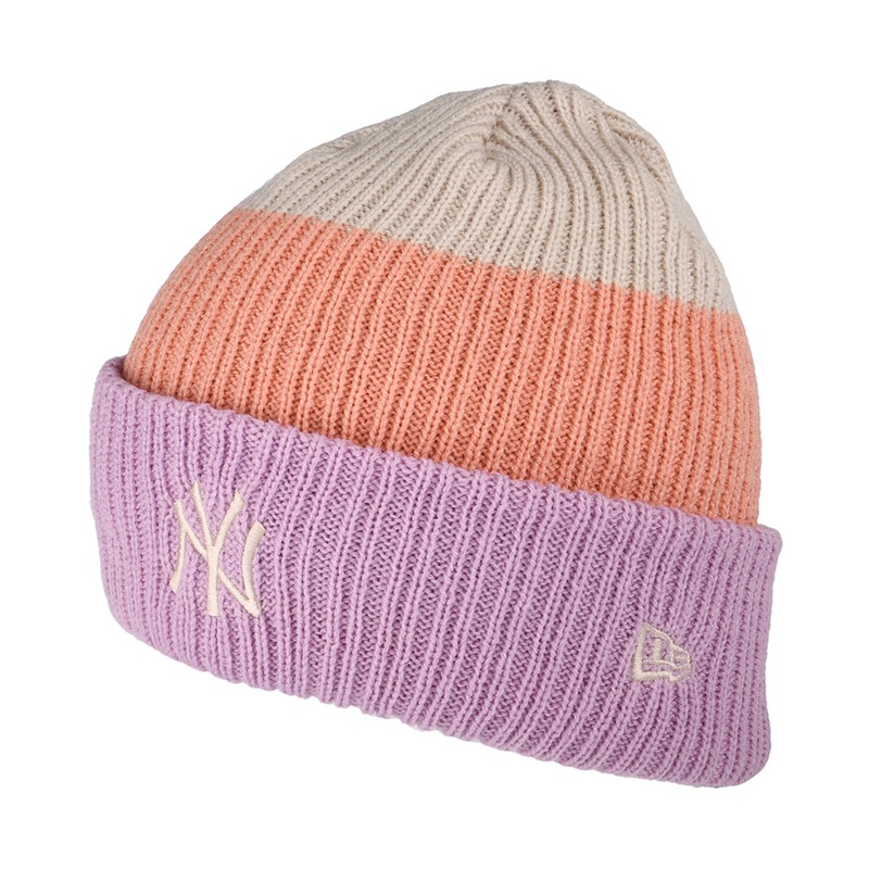 New Era Womens New York Yankees Cuffed Beanie Hat – MLB Stripe – Lavender-Peach-Stone 1-Size