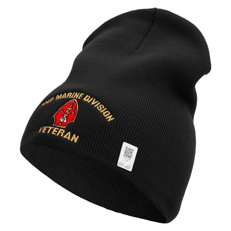 2nd Marine Division Veteran Symbol Embroidered 8 Inch Solid Knit Short Beanie Made in USA Black One Size