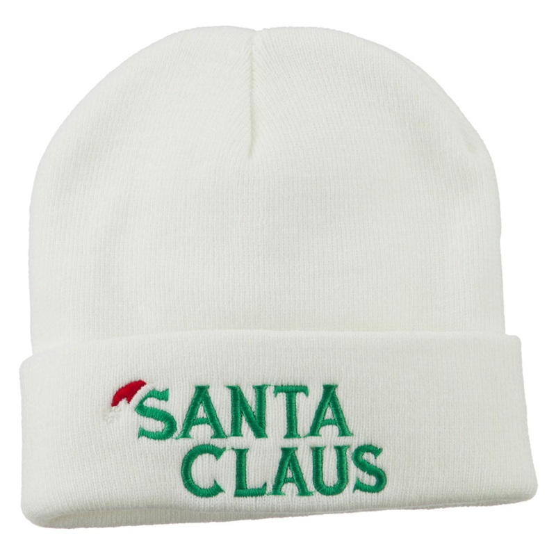 Christmas Santa Claus Embroidered Long Beanie White One Size