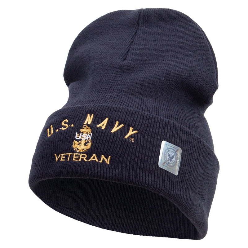 Made in USA Navy USN Veteran Logo Embroidered 12 Inch Solid Knit Cuff Long Beanie Olive One Size