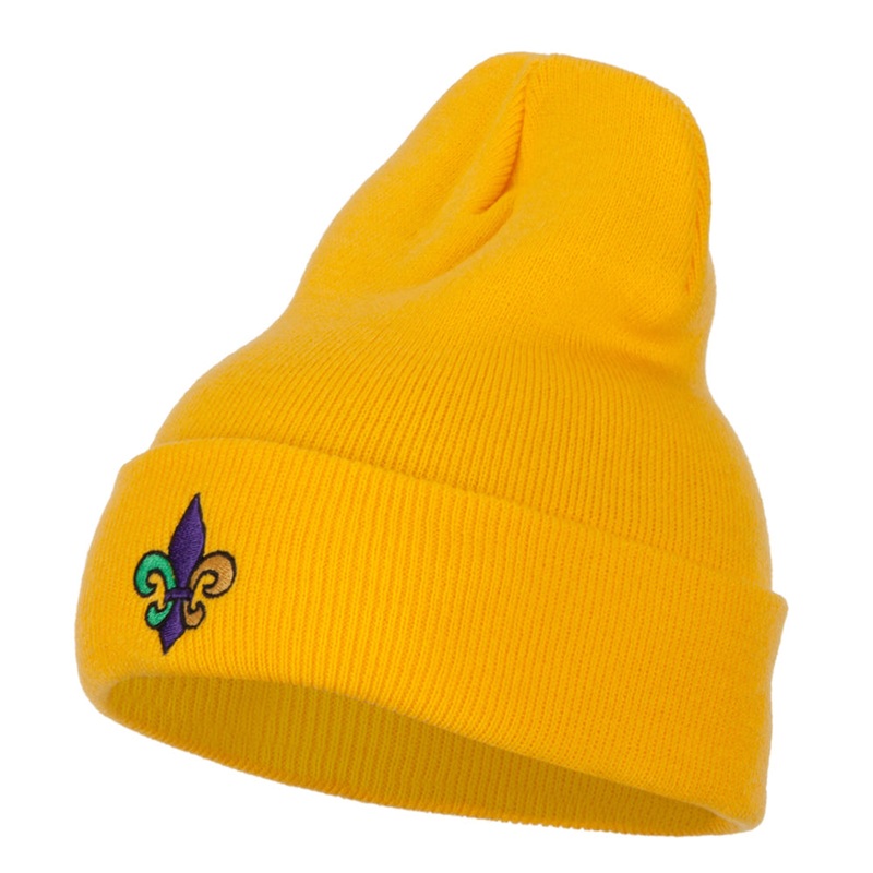 Mardi Gras Fleur de Lis Embroidered Long Beanie Yellow One Size
