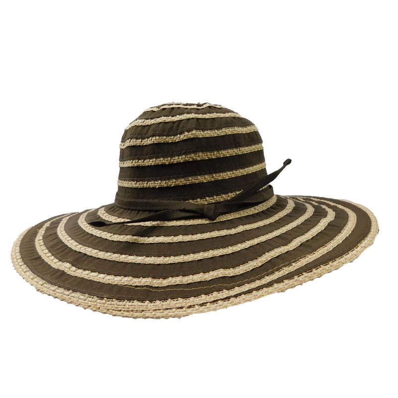 Ribbon and Crochet Stripe Sun Hat Brown
