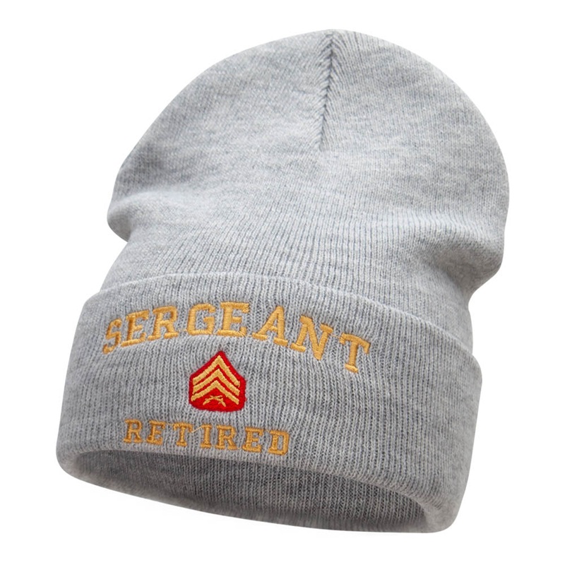 Sergeant Retired Embroidered Long Knitted Beanie Heather Grey One Size