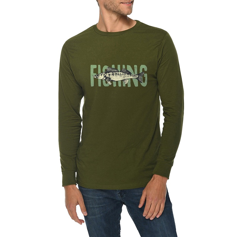 Vintage Fishing Vibes Graphic Long Sleeve Crewneck Tee Army Green XS