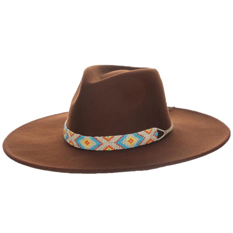 Wool Felt Flat Brim Hat with Tribal Beaded Band – Scala Hats Brown Medium (57 cm)