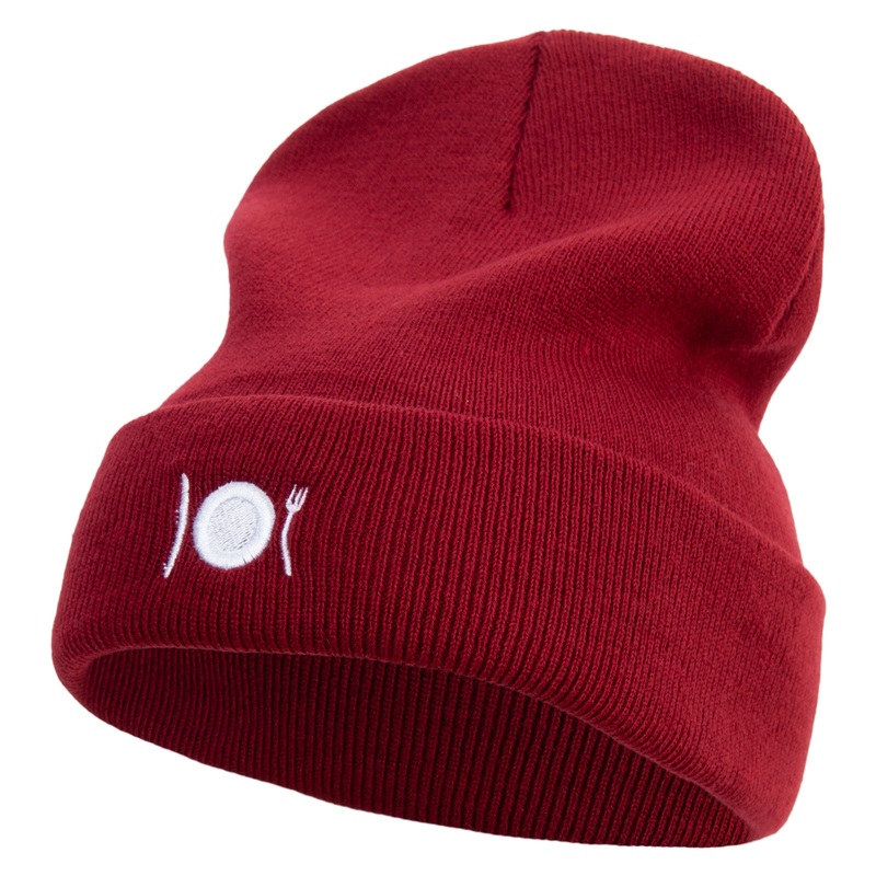 Camping Plate Icon Embroidered 12 Inch Long Knitted Beanie Maroon One Size