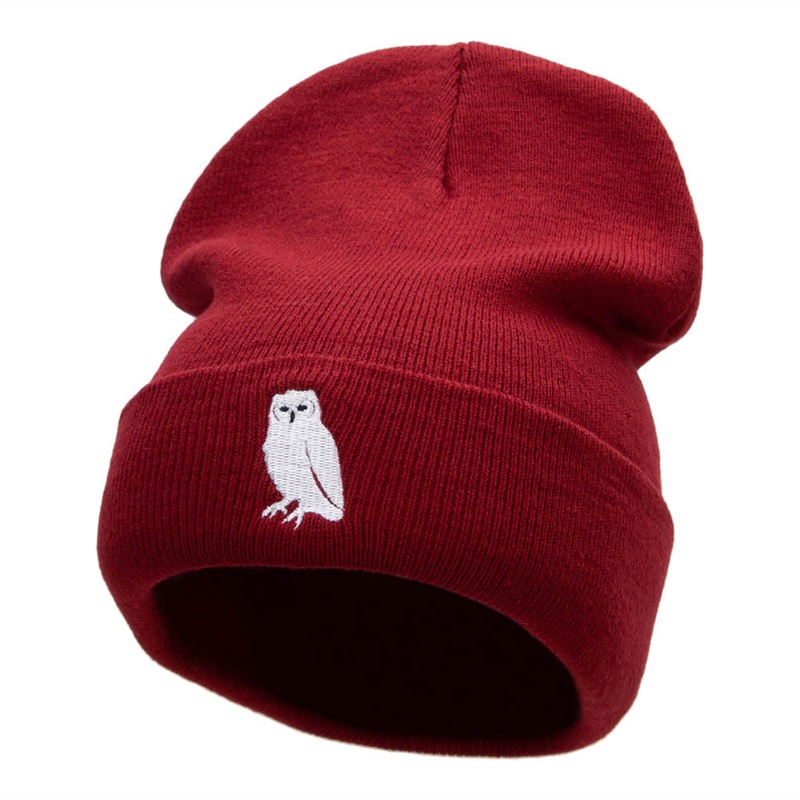 Gazing Owl Embroidered 12 Inch Long Knitted Beanie Maroon One Size