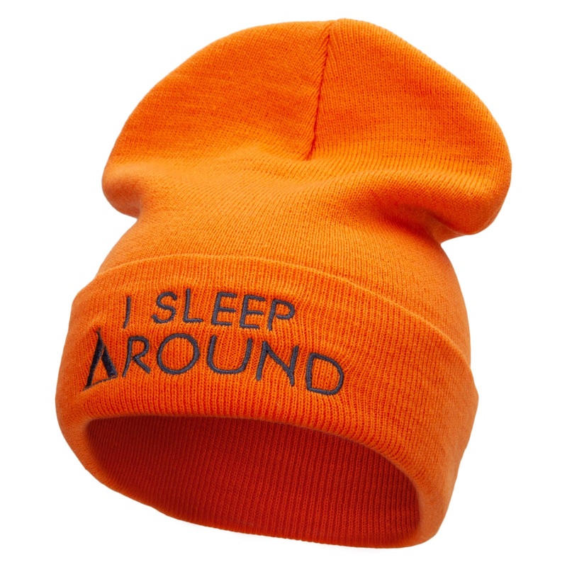 I Sleep Around Embroidered 12 Inch Long Knitted Beanie Orange One Size
