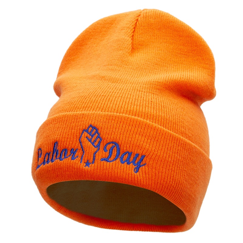 Labor Day Raised Fist Embroidered 12 Inch Long Knitted Beanie Orange One Size