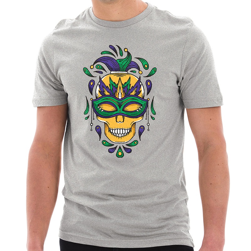 Madi Gras Festive Skull Graphic Design Unisex Lane Seven Ring Spun Combed Cotton Short Sleeve Deluxe Jersey T-Shirt Heather Grey XS