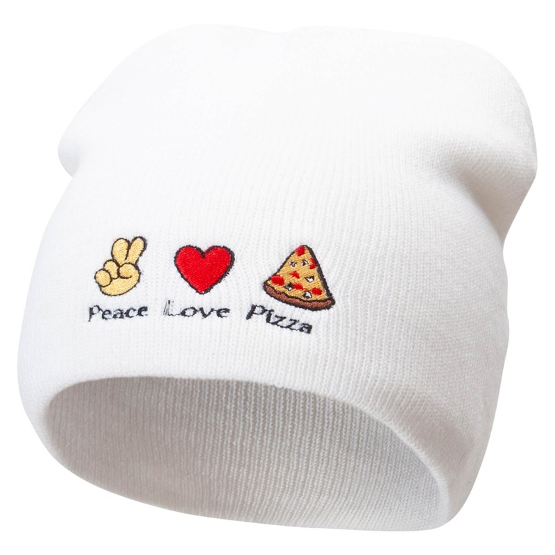 Peace Love Pizza Embroidered 8 Inch Short Beanie White One Size