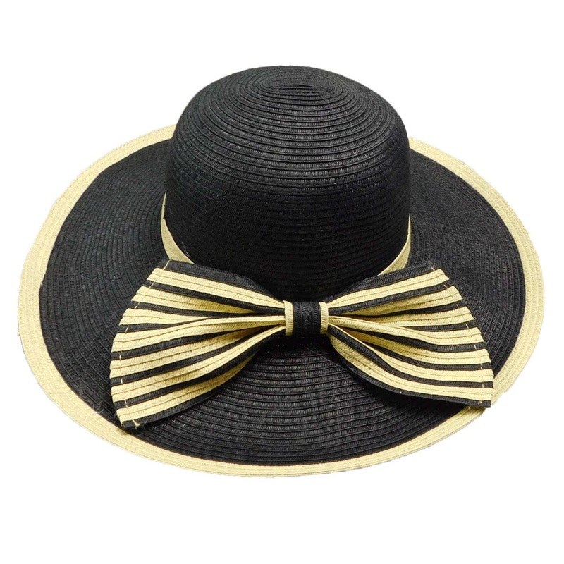 Sun Hat with Striped Bow Black