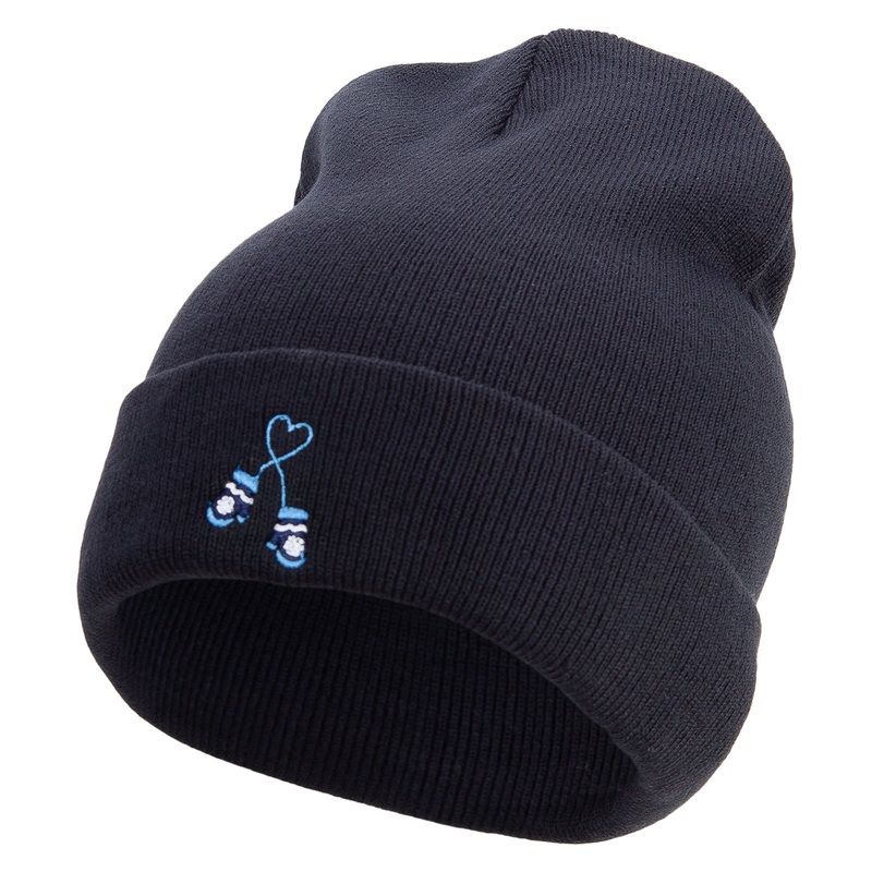 Winter Mittens Embroidered 12 Inch Long Knitted Beanie Navy One Size