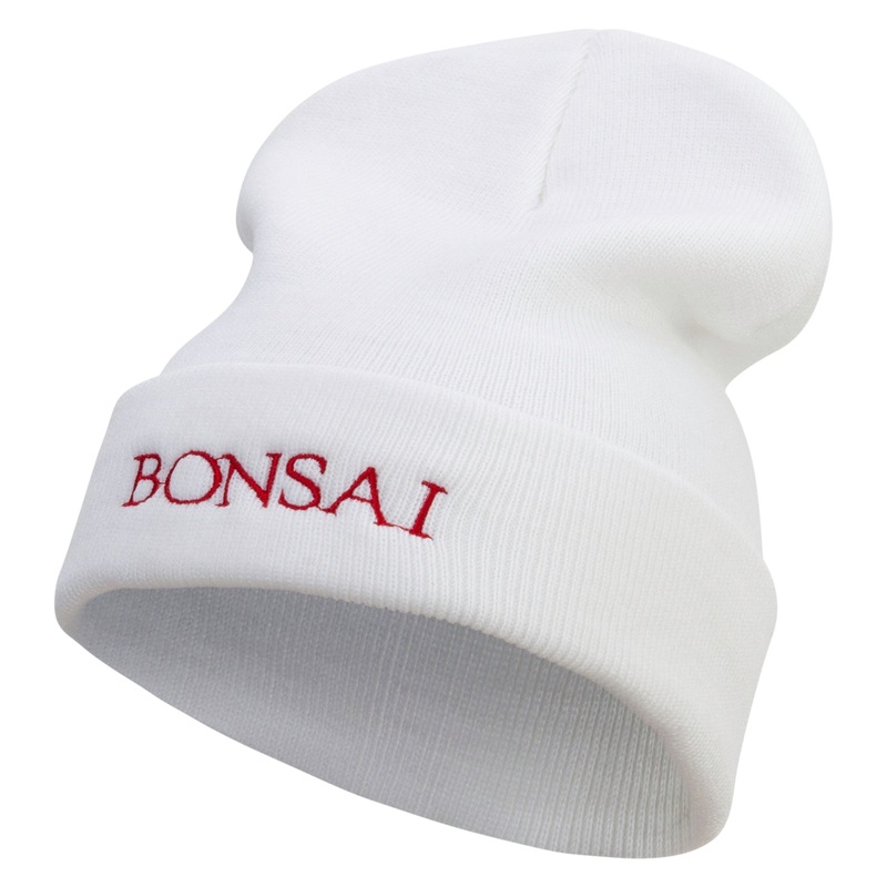 Bonsai Embroidered 12 Inch Long Knitted Beanie White One Size