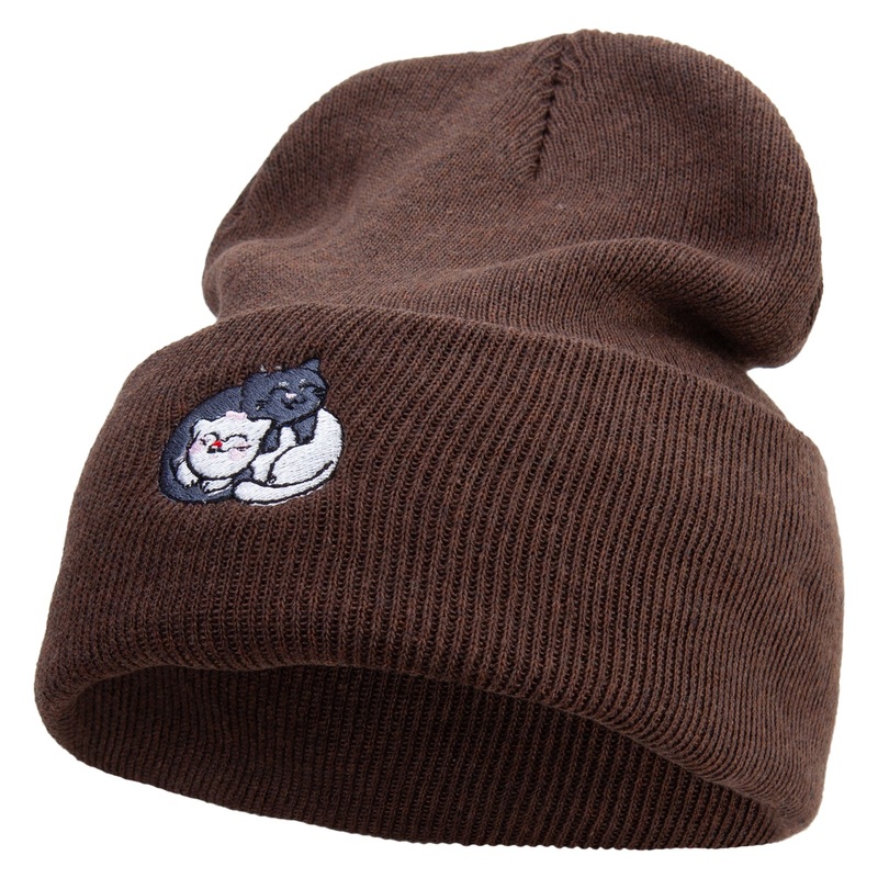 Made in USA Cute Cats Embroidered Stretch ECO Cotton Long Beanie Brown One Size