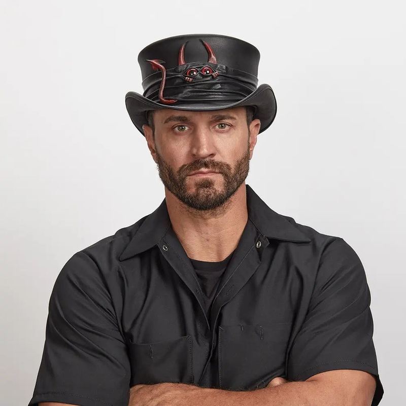 Marlow Lil Evil | Mens Leather Top Hat with Lil Evil Hat Band Black MD