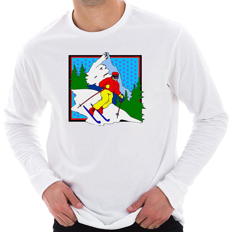 Retro Skier Graphic Design Unisex Ring Spun Cotton Premium Long Sleeve T-shirt White XS