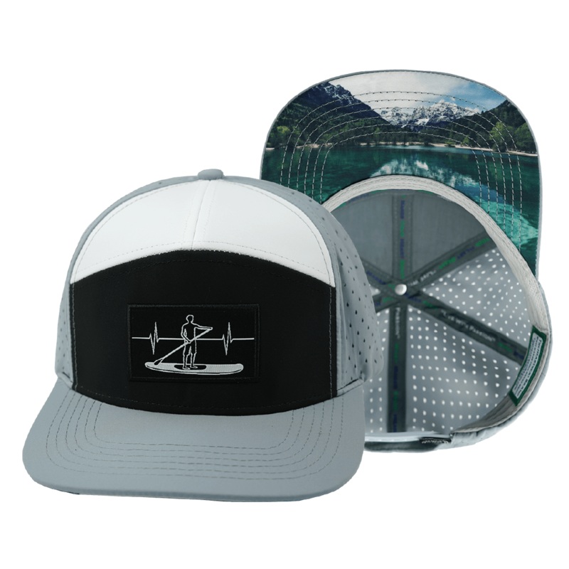 Paddle Board Hat – Flat Bill – Gray / Black / White – Laser Mesh
