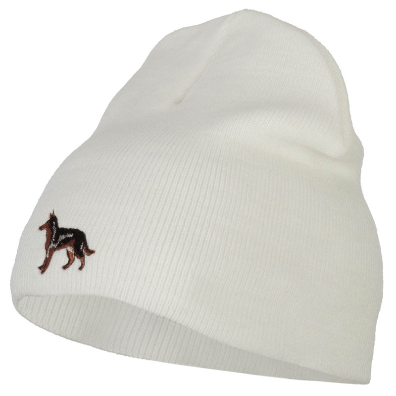 German Shepard Dog Embroidered Knitted Short Beanie White One Size