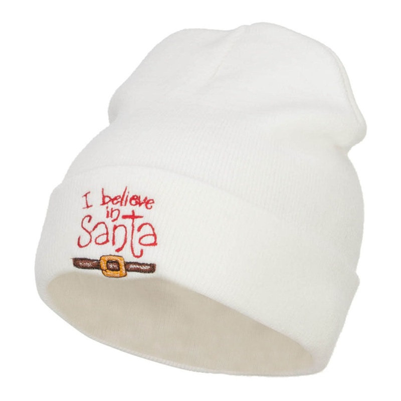 I Believe In Santa Embroidered Long Beanie White One Size