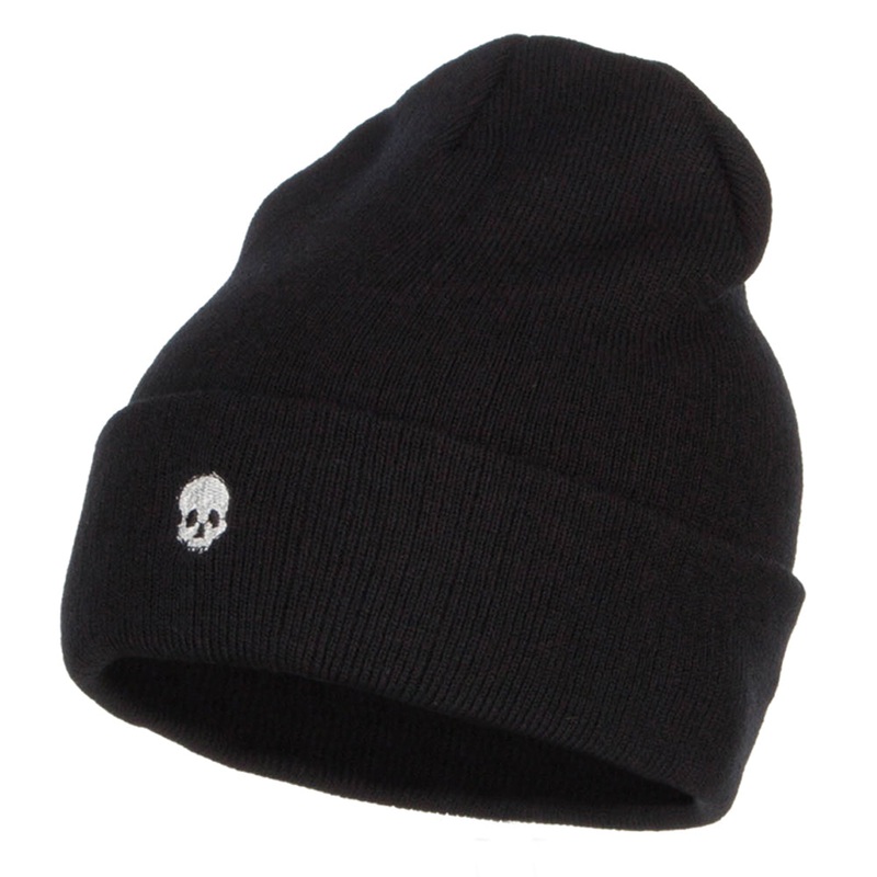 Mini Skull Embroidered Long Beanie Black One Size