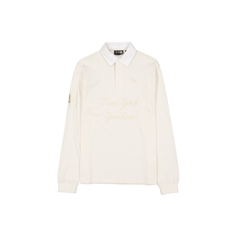 New York Yankees Off White Script Long Sleeve Rugby Shirt S