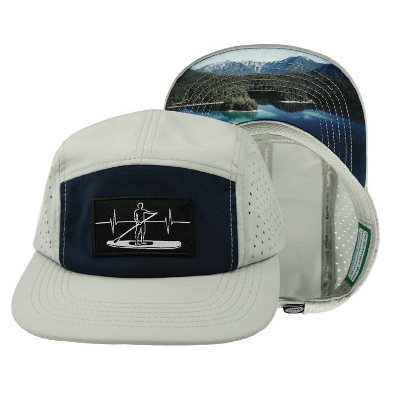 Paddle Board Hat – 5 Panel – Gray / Navy – Laser Mesh