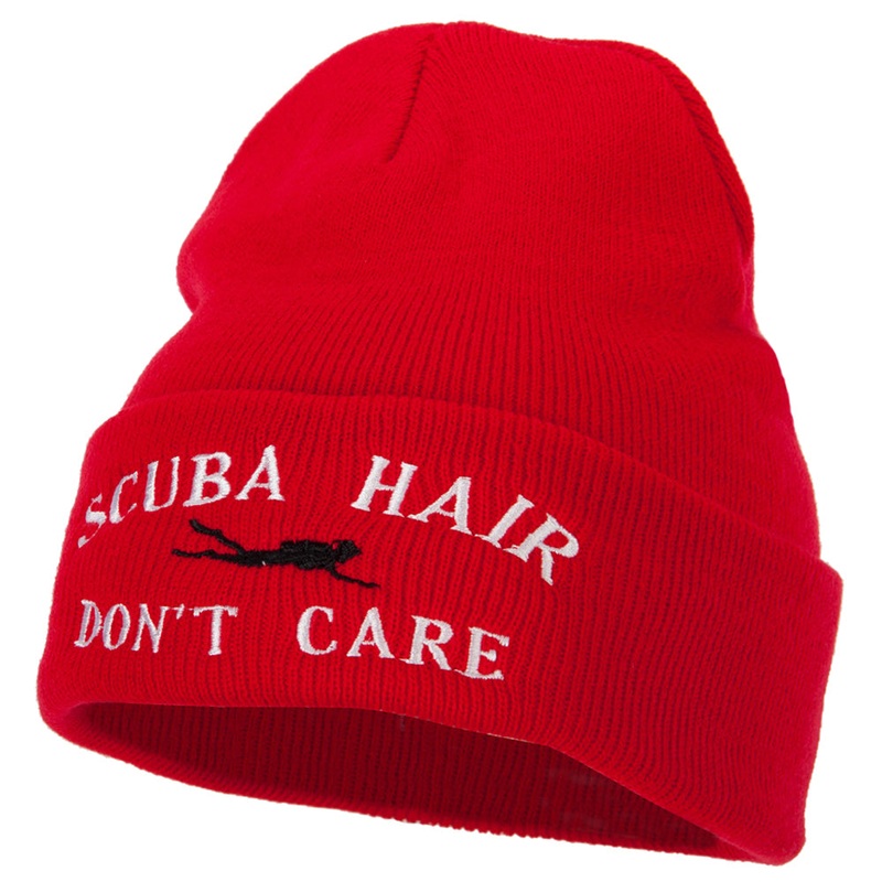 Scuba Hair Don’t Care Embroidered 12 Inch Long Knitted Beanie Red One Size