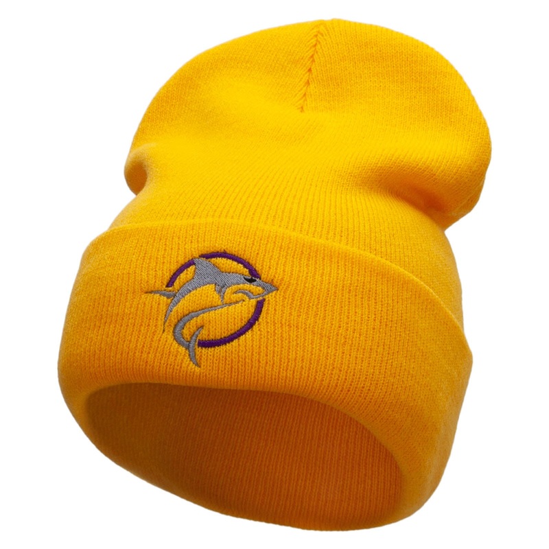 Shark Jump Embroidered 12 Inch Long Knitted Beanie Yellow One Size