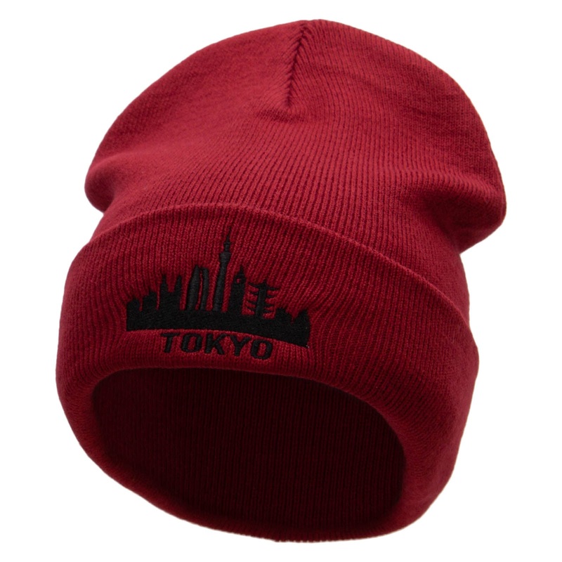 Tokyo Embroidered 12 Inch Long Knitted Beanie Maroon One Size