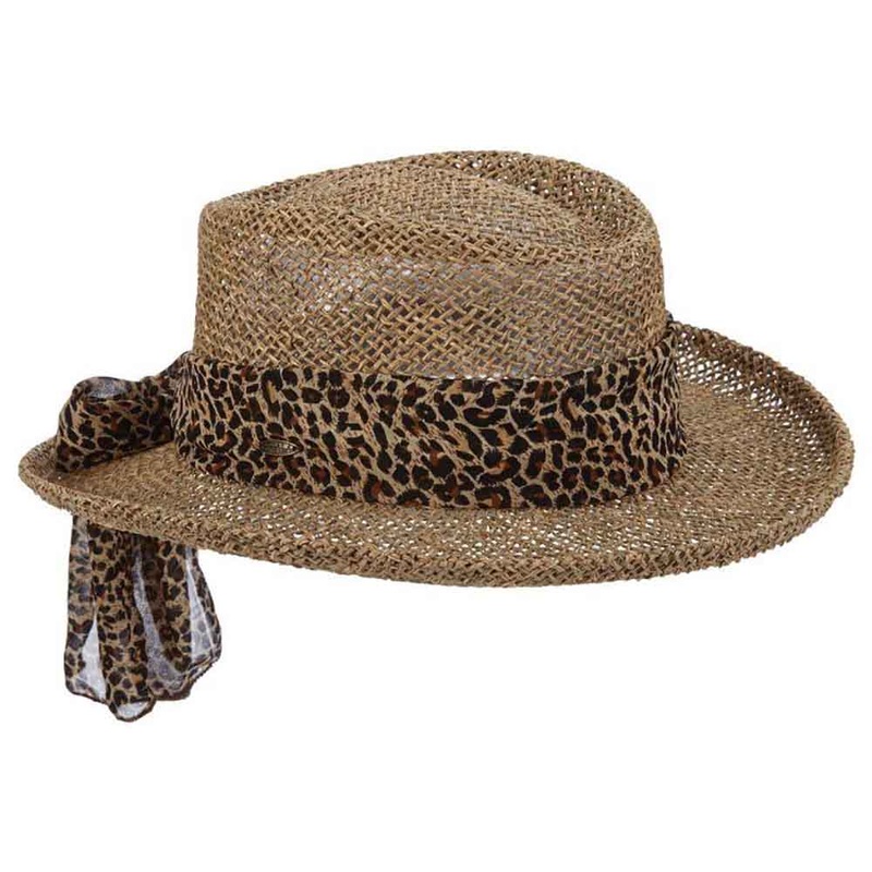 Twisted Seagrass Gambler Hat with Animal Print Bow – Scala Hats Natural Medium (57 cm)