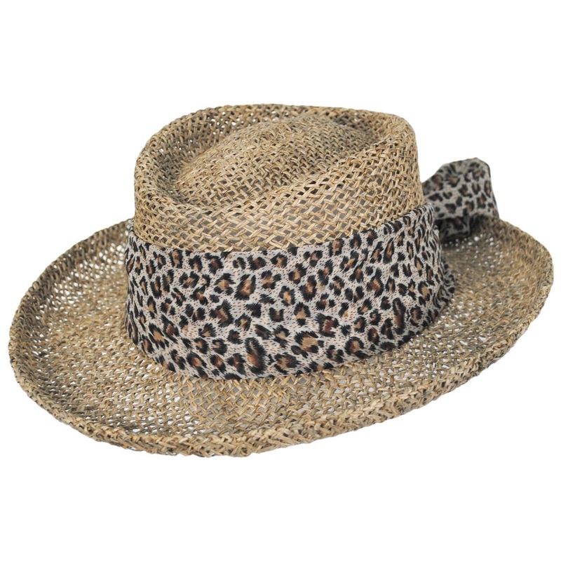Twisted Seagrass Gambler Hat with Leopard Scarf NATURAL ONE SIZE FITS MOST