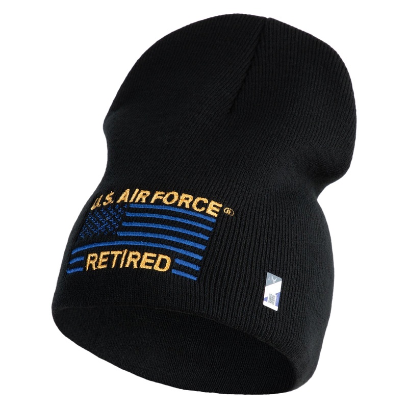 US Air Force Retired with Flag Symbol Embroidered 8 Inch Solid Knit Short Beanie Made in USA Black One Size