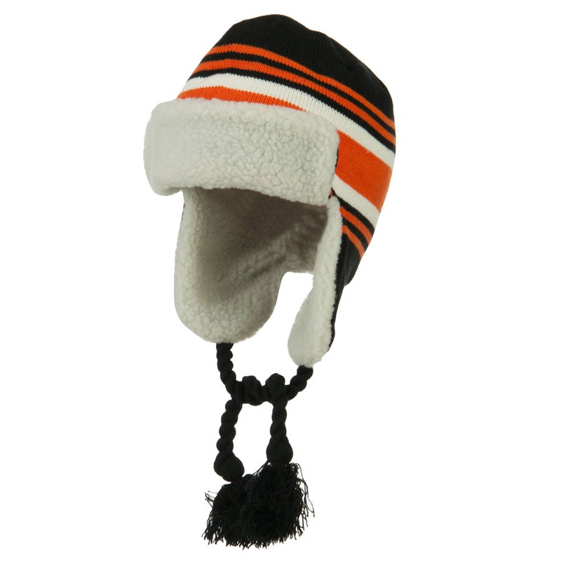 Contrast Jacquard Striped Knit Hat Black Gold One Size