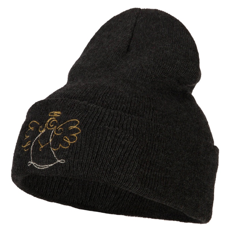 Glitter Angel Embroidered Long Knitted Beanie Heather Charcoal One Size