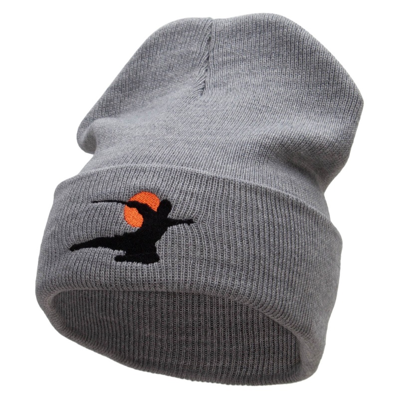 Wushu Sword Embroidered 12 Inch Solid Long Beanie Made in USA Lt Grey One Size