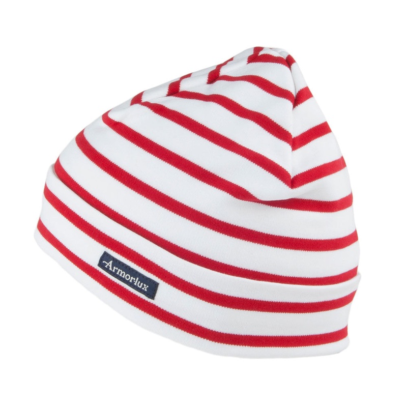 Armor Lux Treguier Cotton Interlock Striped Beanie – White-Red 1-Size