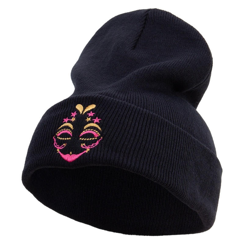 Mardi Gras Two Tone Mask Embroidered 12 Inch Long Knitted Beanie Black One Size