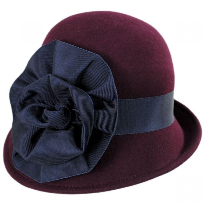 Ribbon Flower Profile Wool Felt Cloche Hat – Made to Order WINE ONE SIZE FITS MOST