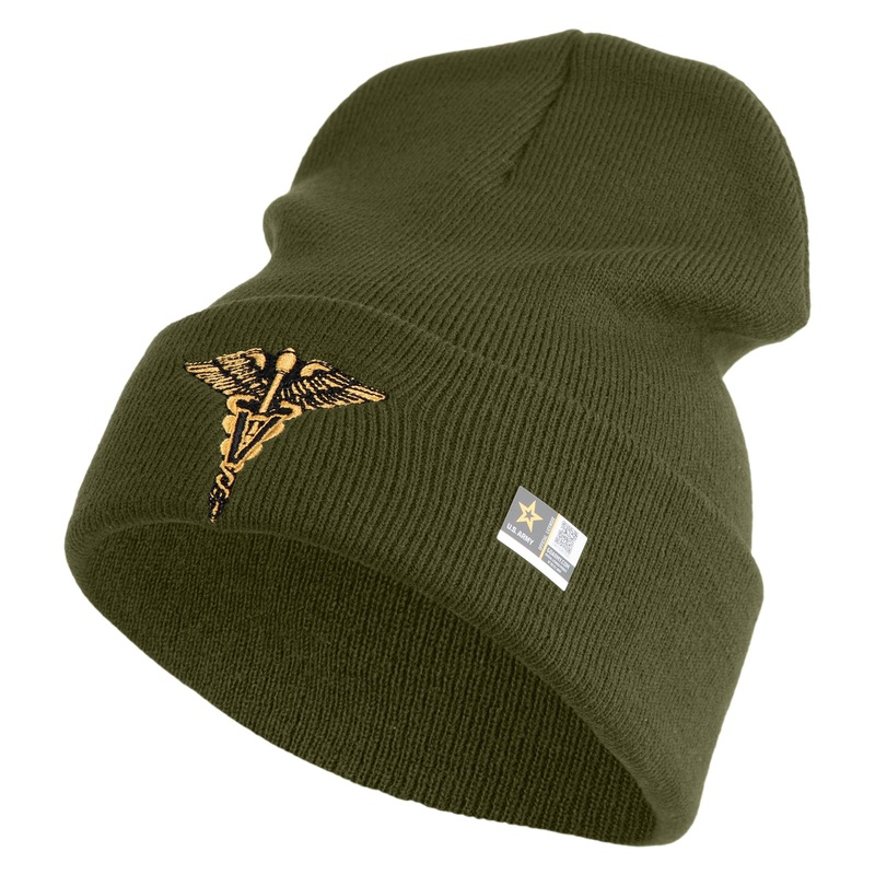 Veterinary Corps Logo Embroidered 12 Inch Solid Knit Cuff Long Beanie Made in USA Olive One Size
