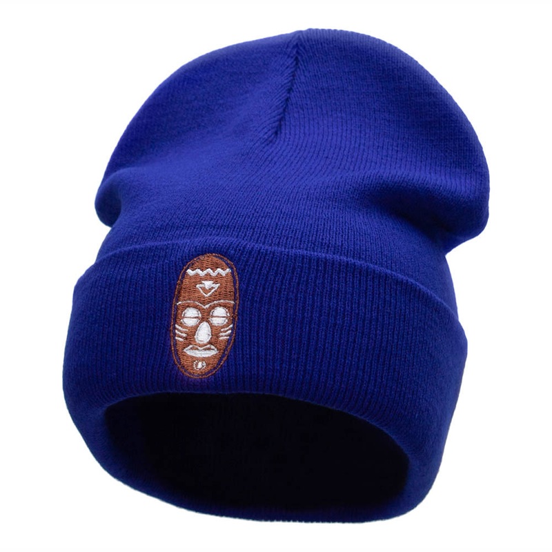 African Mask Embroidered 12 Inch Long Knitted Beanie Royal One Size